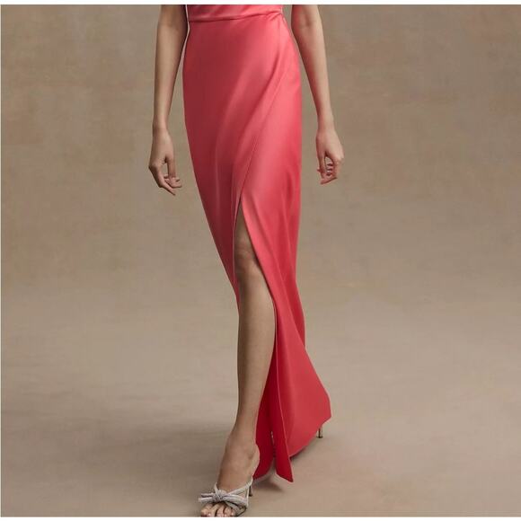 Anthropologie BHLDN Coral Dylan One Shoulder Satin Side Slit Gown Size 6 NWT - Picture 9 of 9